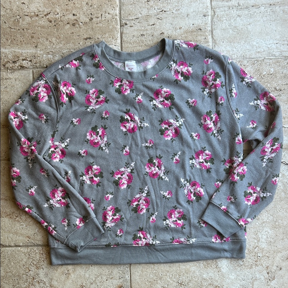 No Boundaries Gray Sweatshirt with Pink Floral Design